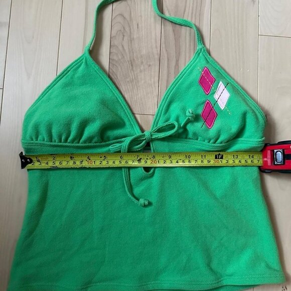 Vintage Aqua Rose Green Stretch Halter Tankini Top – Y2K Argyle Pink White – L - Picture 6 of 7